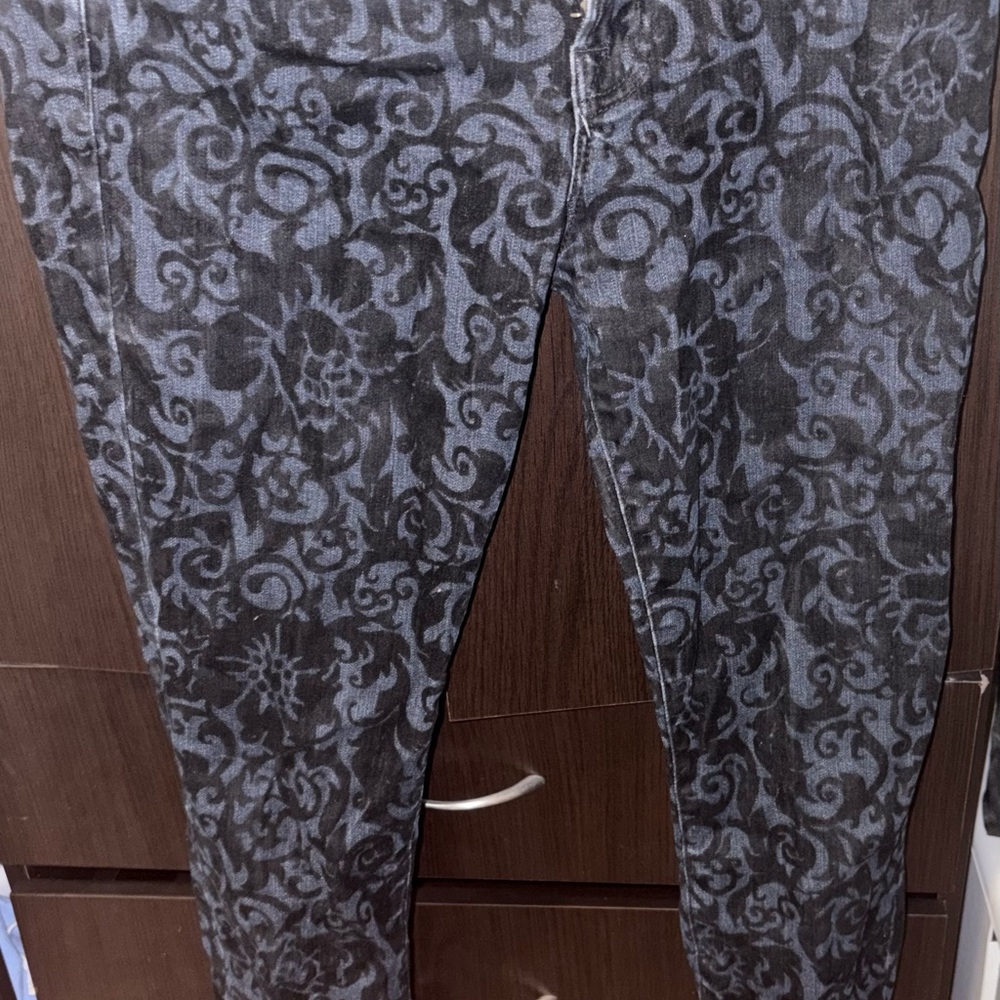 J Brand 811 Skinny Leg Jeans with black velvet brocade print